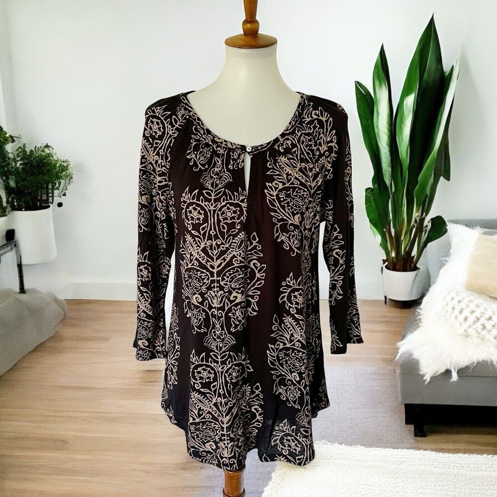 Lucky Brand Black Tan Floral Leafy Boho Round Neck Keyhole Pullover Top Blouse S